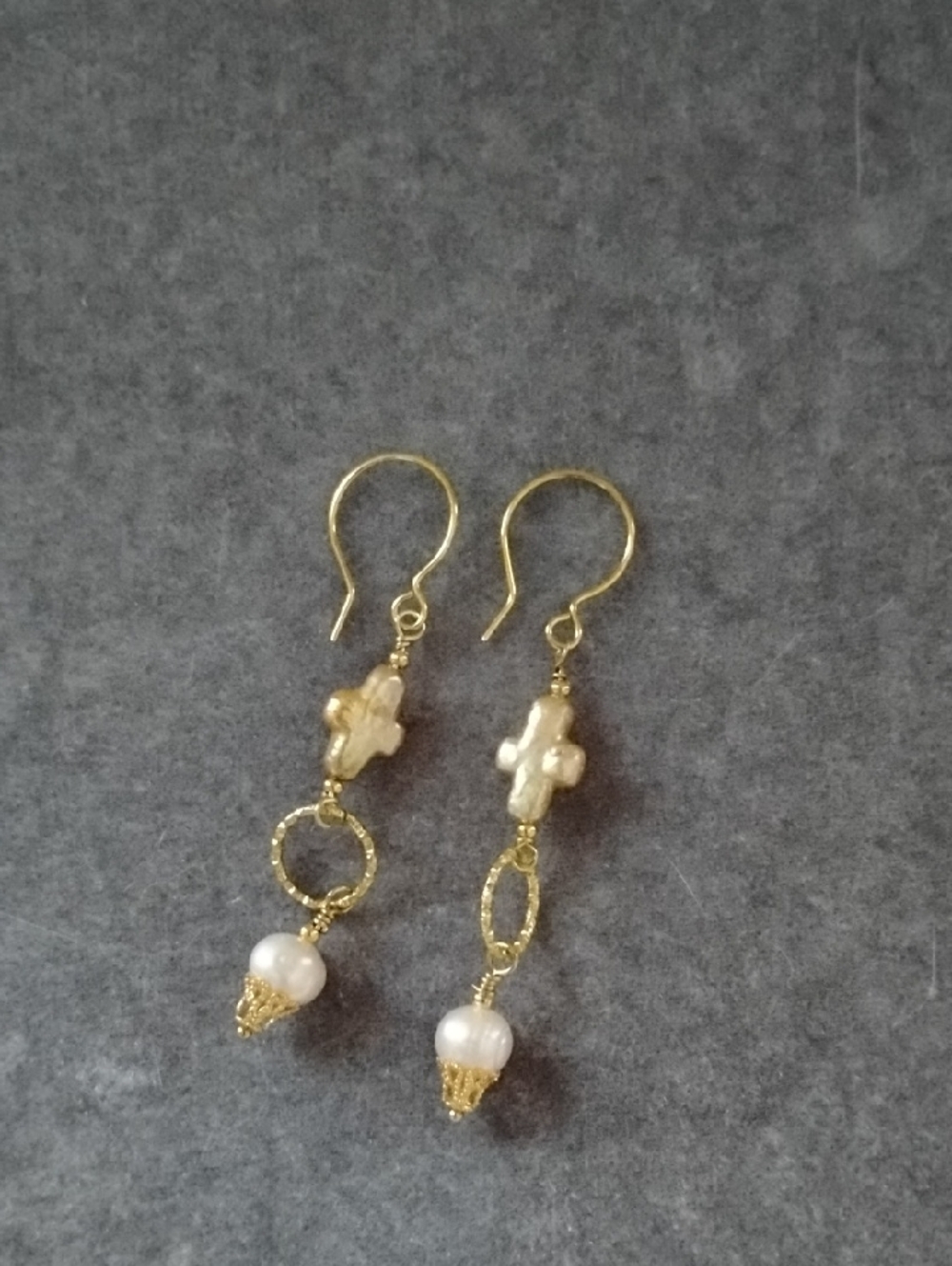Hand Crafted Gold Cross Pearl Drop Earrings With White Fresh Water Pearls - Picture 5 of 6
